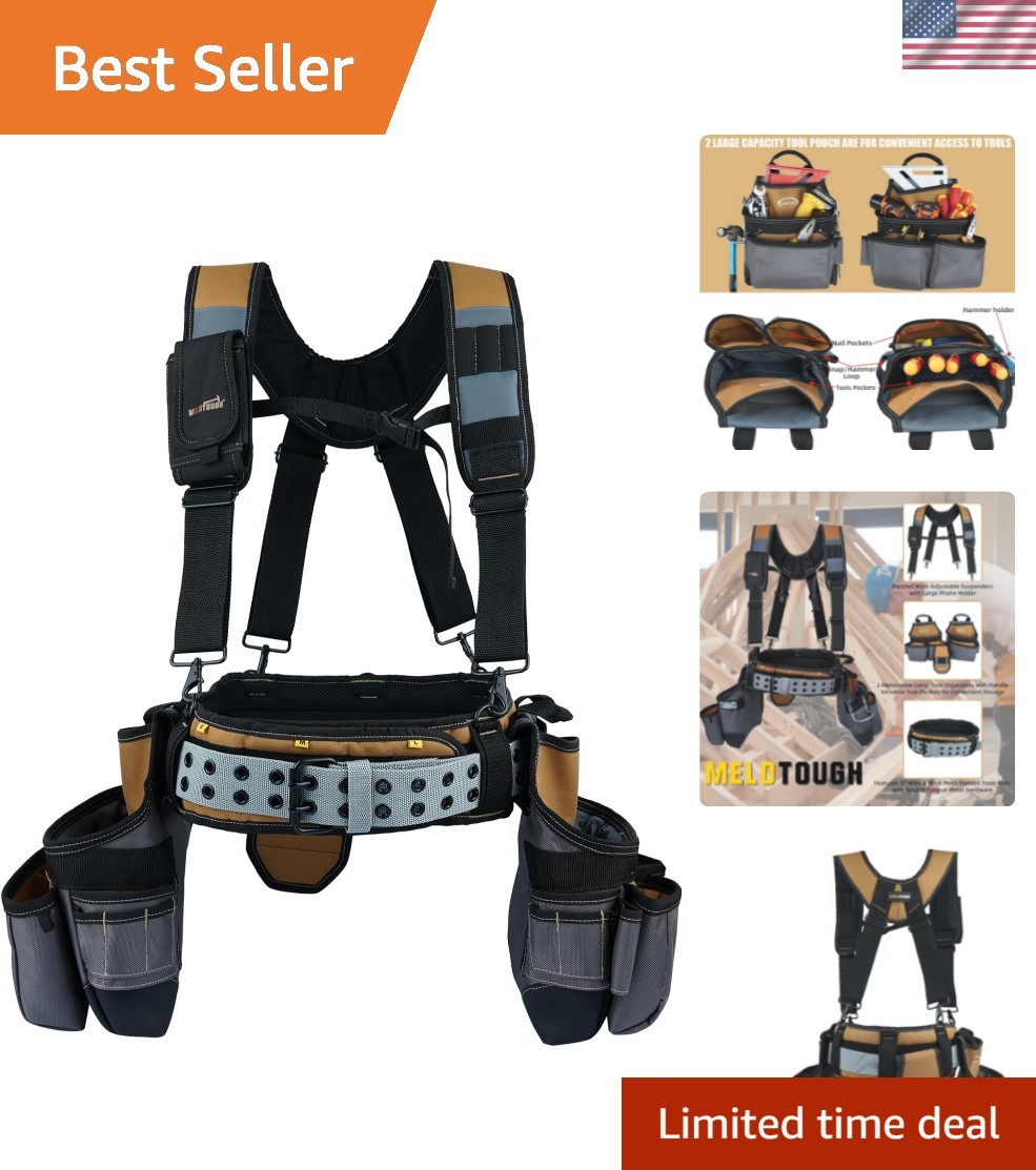 28-Pocket Heavy-Duty Tool Belt & Padded Suspenders for Professionals – Khaki