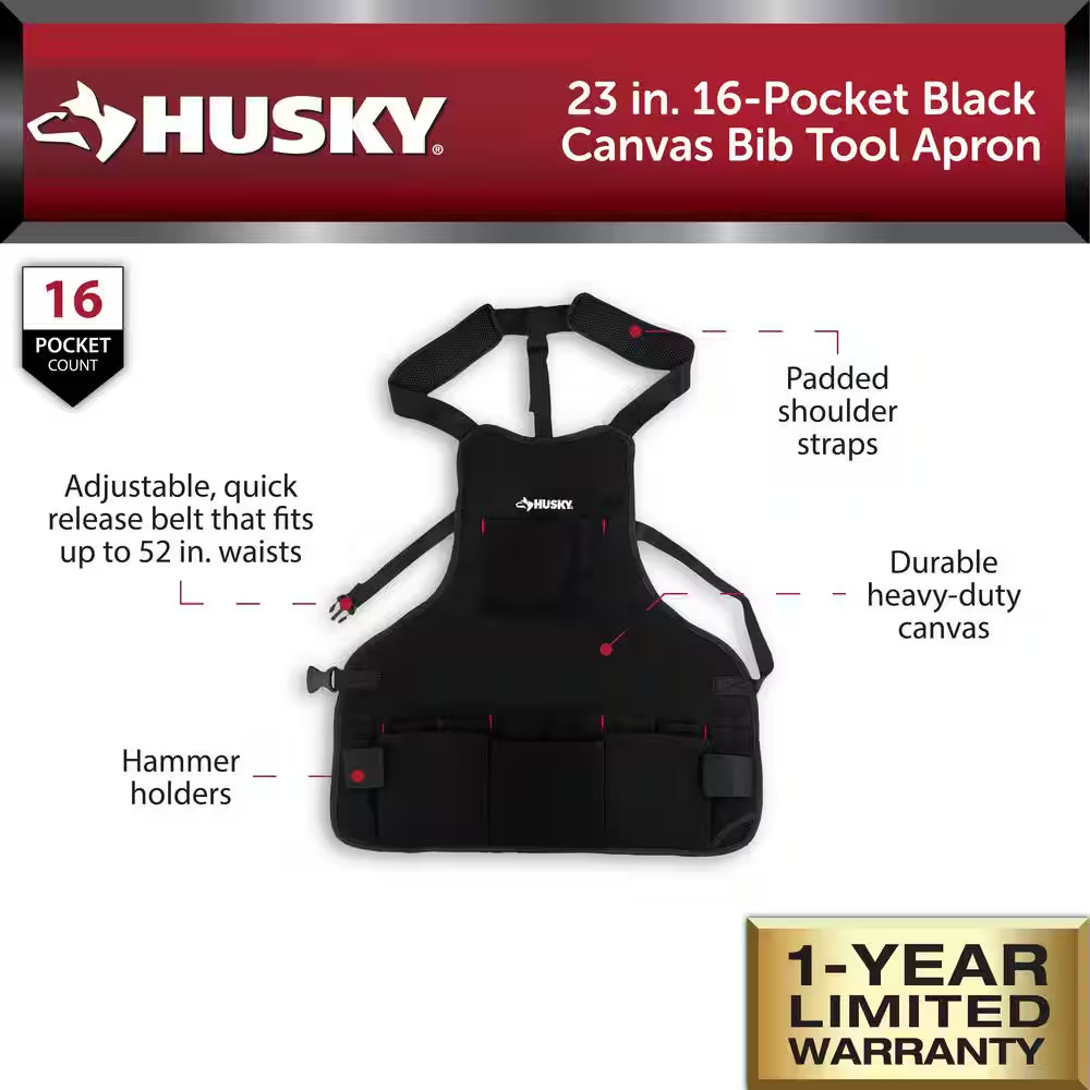 23 In. 16-Pocket Black Canvas Bib Tool Work Apron