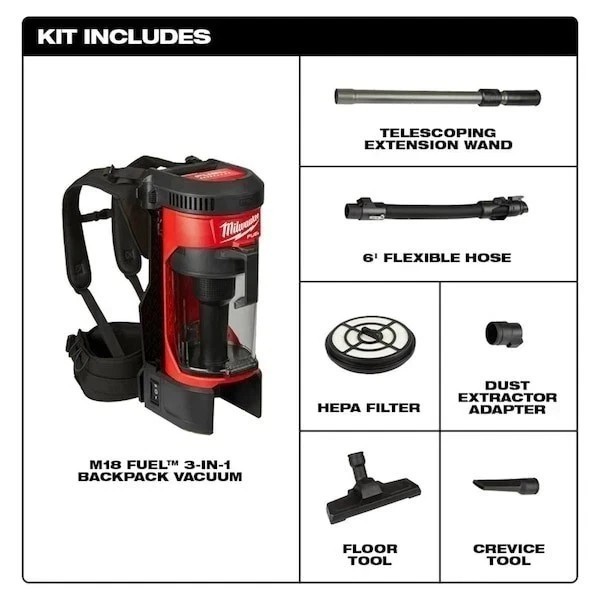 Milwaukee Tool 0885-20 M18 Fuel 3-In-1 Backpack Vacuum, 1 Gal Capacity,