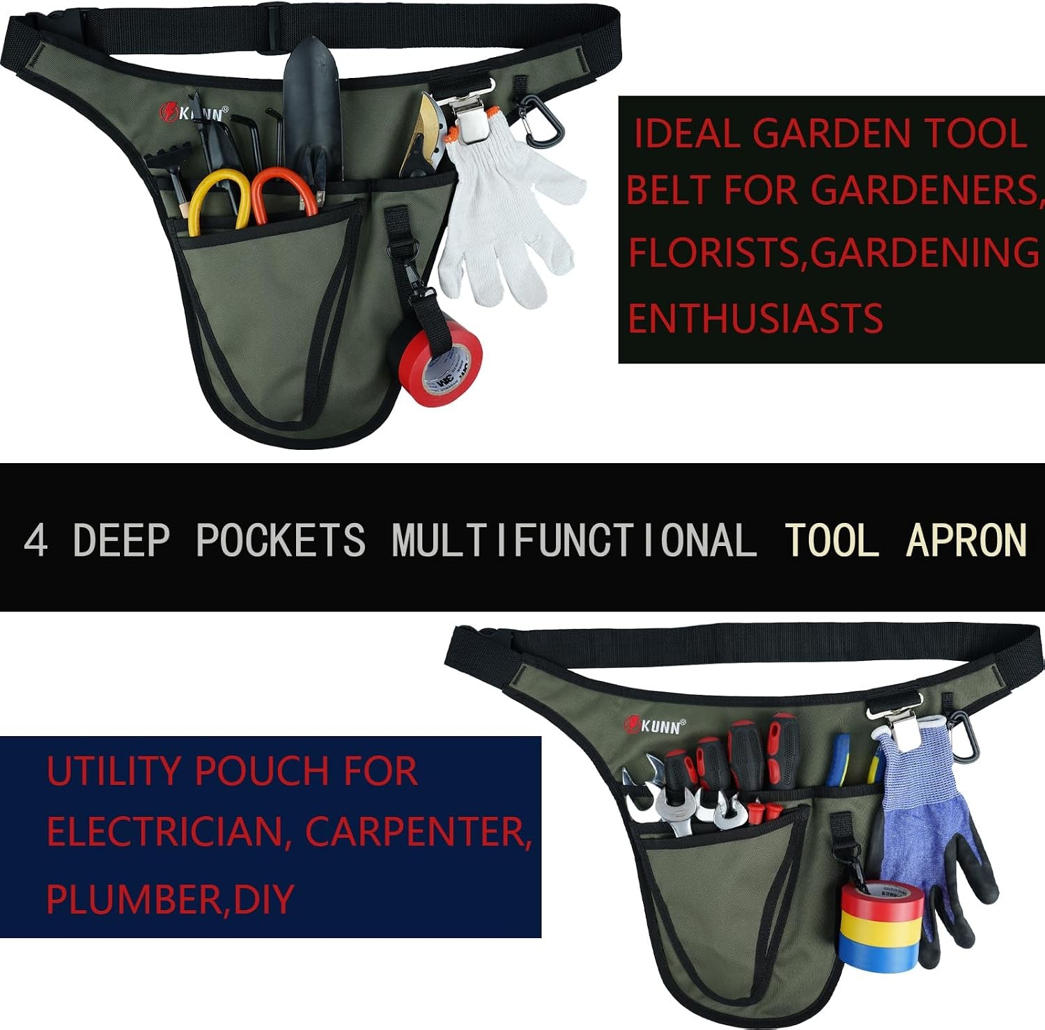 Garden Tool Waist Pouch 4 Pocket Adjustable Belt Army Green