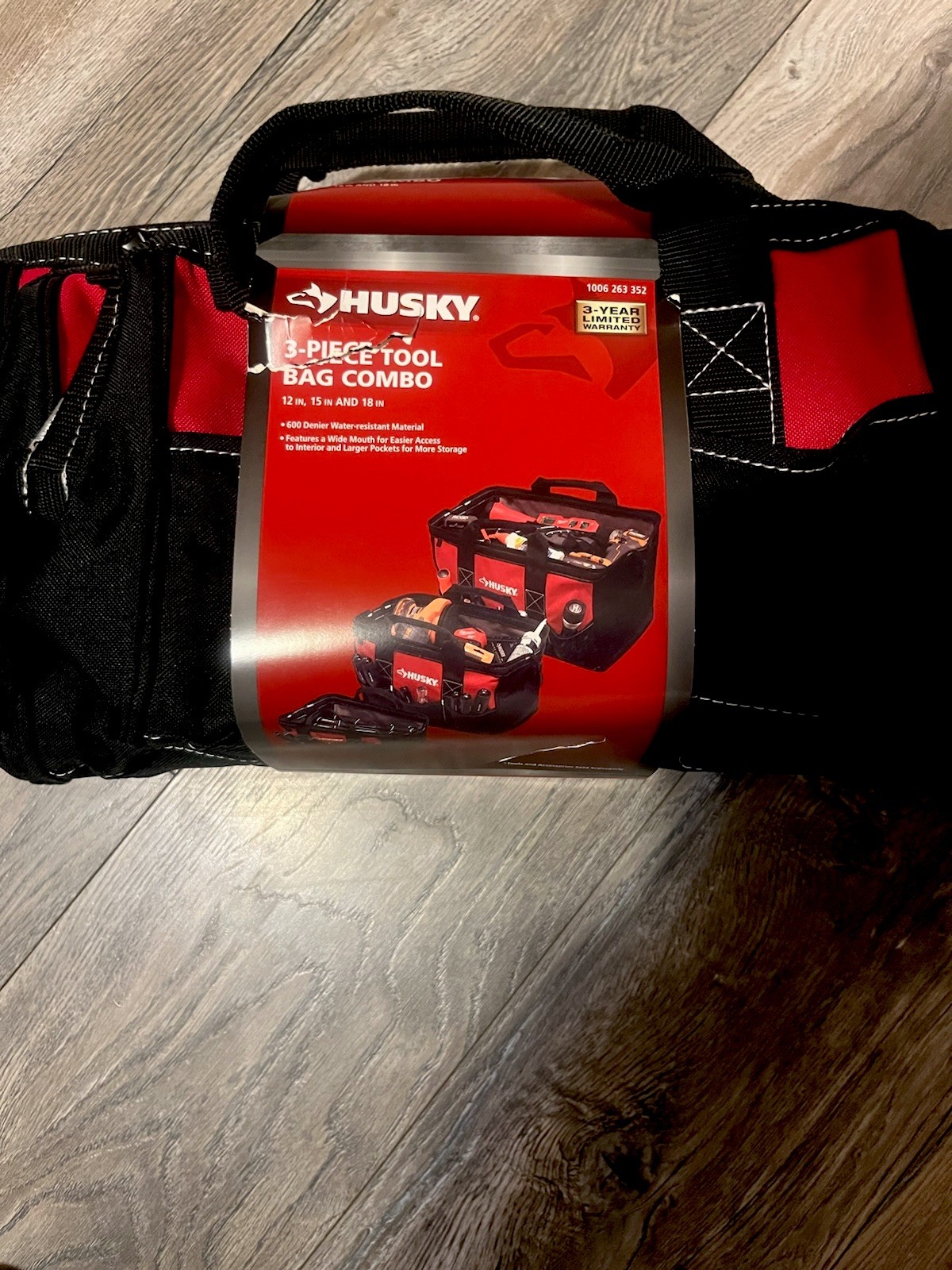 Husky 3-Piece Tool Bag Combo Black/Red 12in 15in 18in Water Resistant