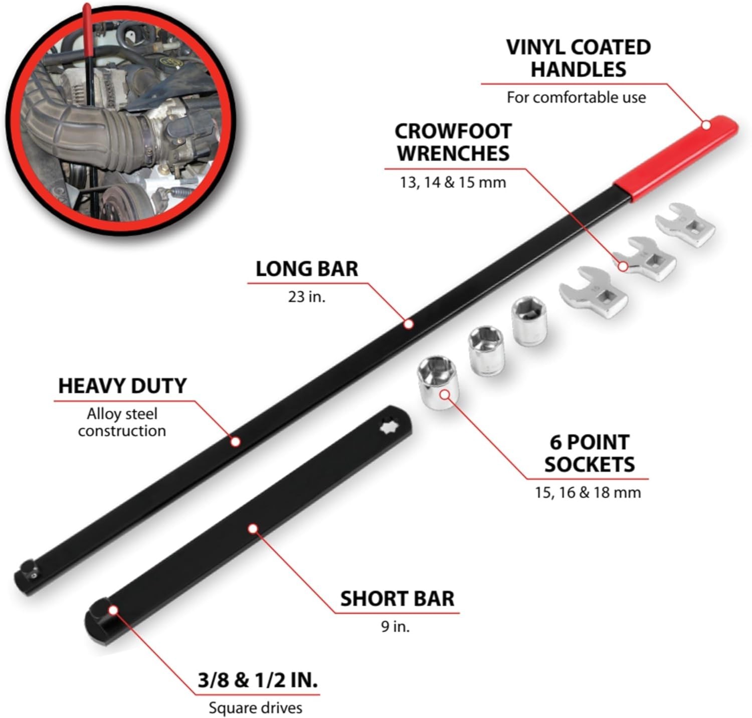 Complete 8pc Long Handle Serpentine Belt Tool Set for Multi-Size Idler Pulleys