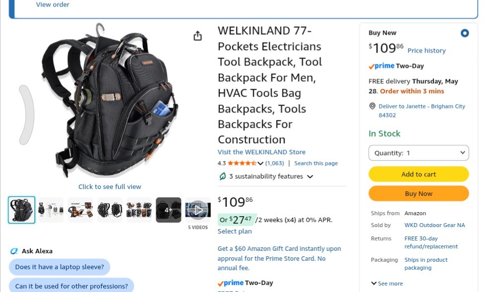 Welkinland 77-Pockets Large Electricians Tool Bag Backpack.