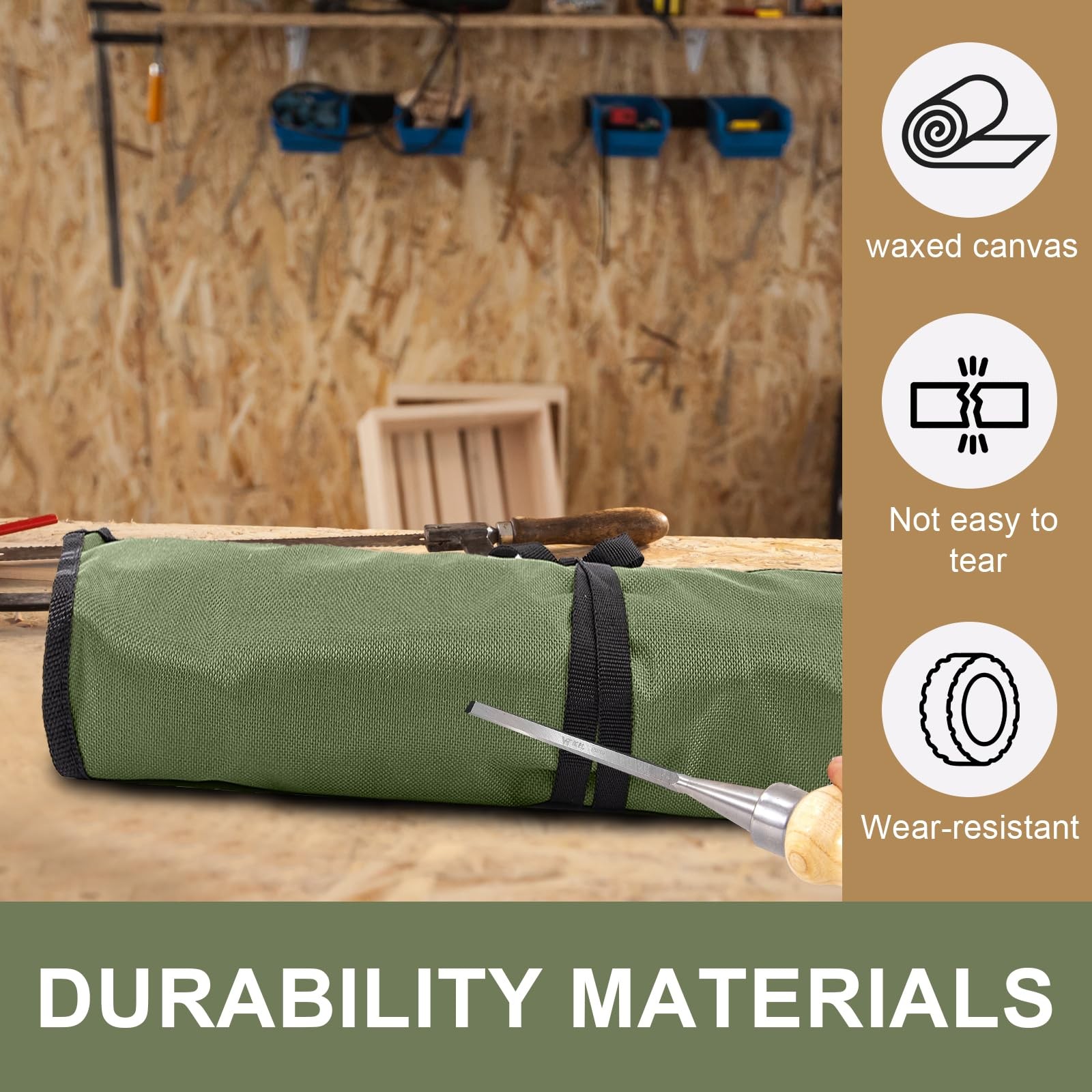Wrench Organizer,Tool Roll Pouch – 16-Pocket Waterproof Oxford Army Green