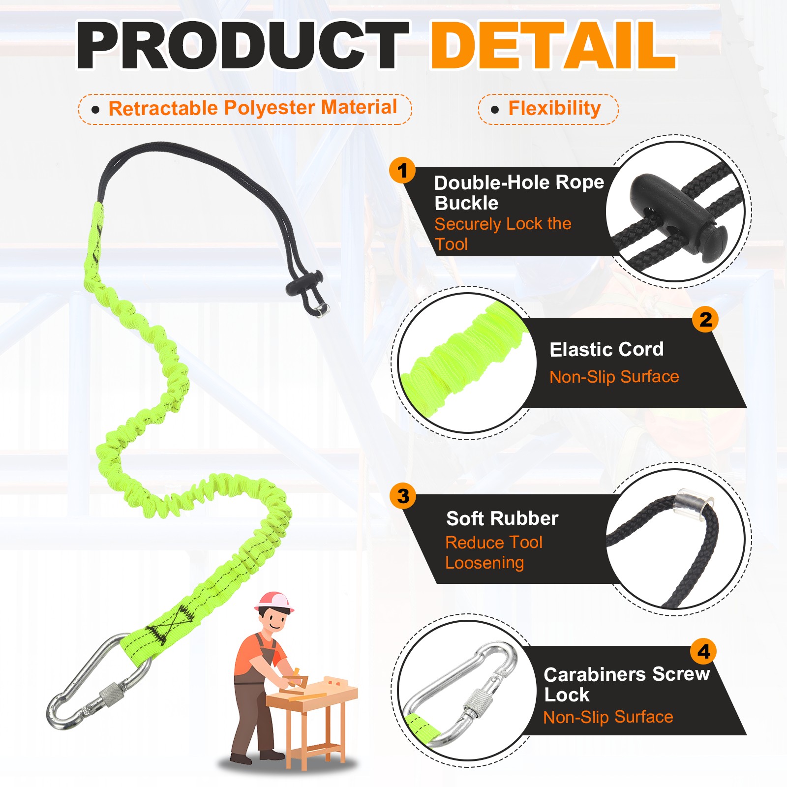 Tool Lanyard with Spiral Hook and Loop End (10kg/22lb), (Green)