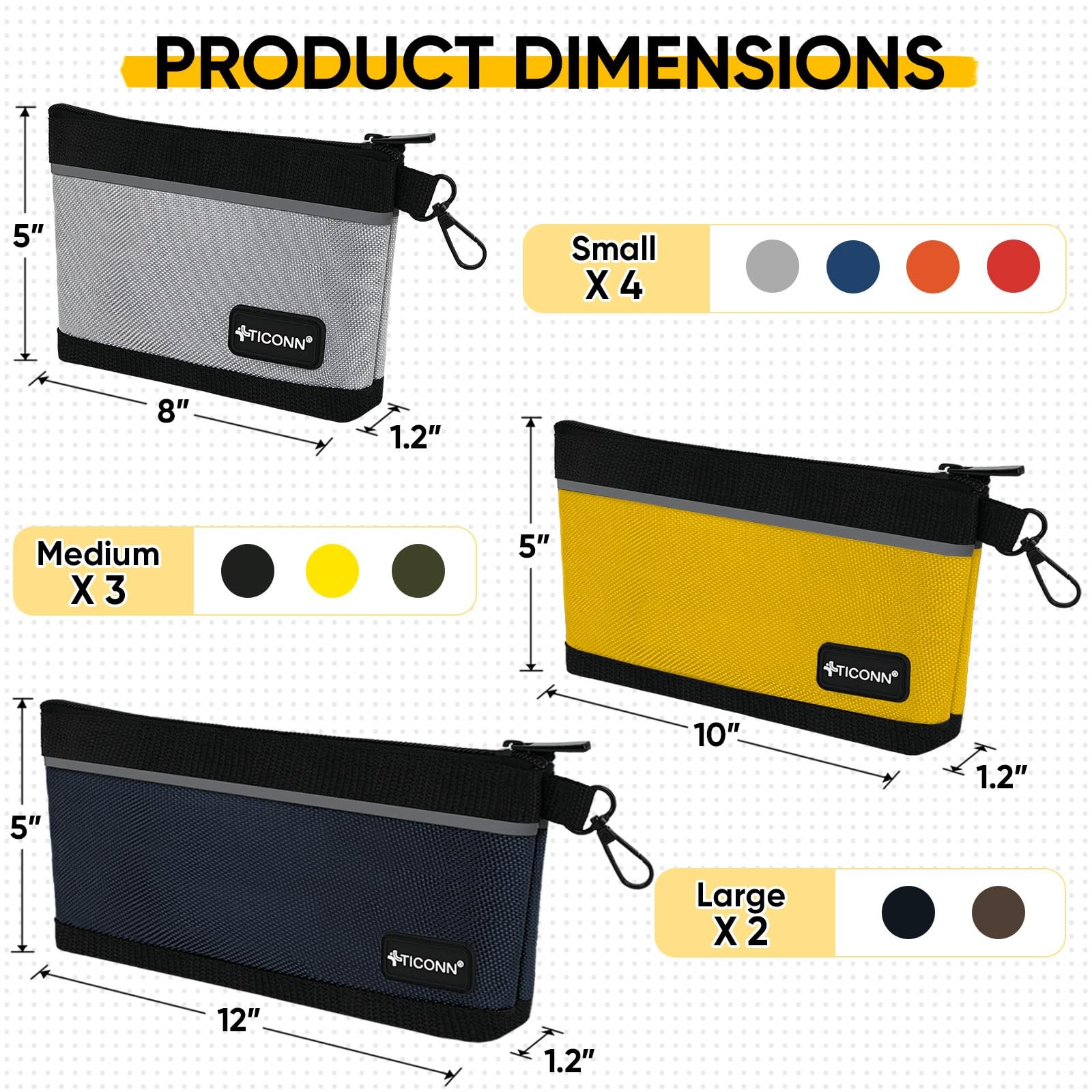TICONN Tool Pouches with Zipper, 1680D Colored, 9 Pack Combo, Multicolored