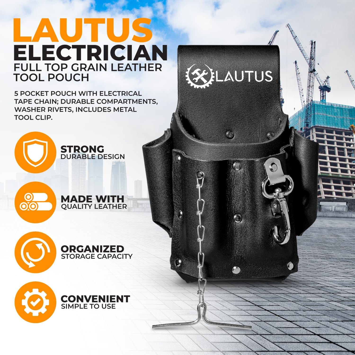 Electrician Full Top Grain Leather Tool Pouch; 5 Pocket Pouch with Electrical