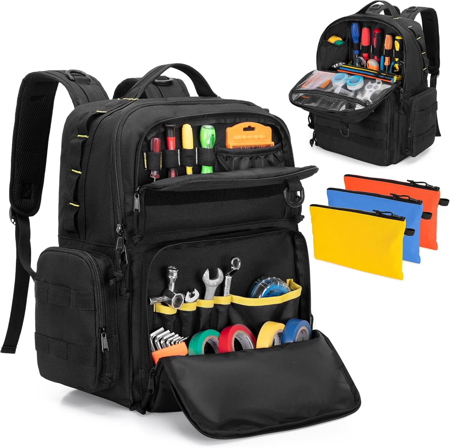 Tool Bag Backpack for Men with 3 Tool Pouches, Heavy-Duty Tool Storage Organizer