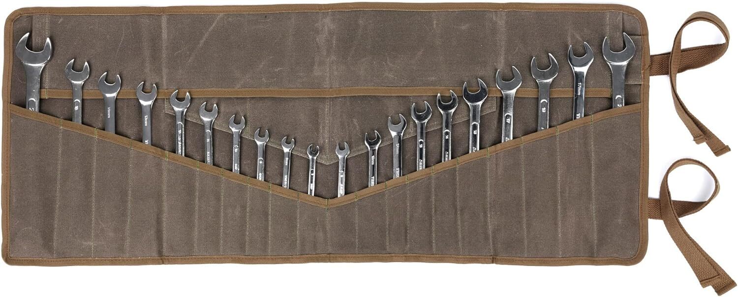 Wrench Roll Up Pouch, Heavy Duty Waxed Canvas Tool Bag Tool Organizer Bag With 2