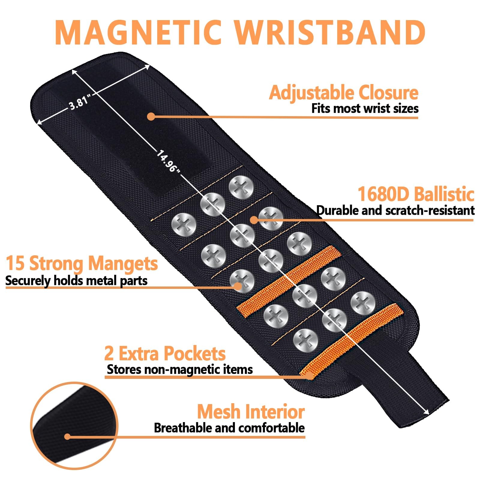 Magnetic Wristband for Tools, Screws, Nails and Drill Bits, Made from 15 Stro…
