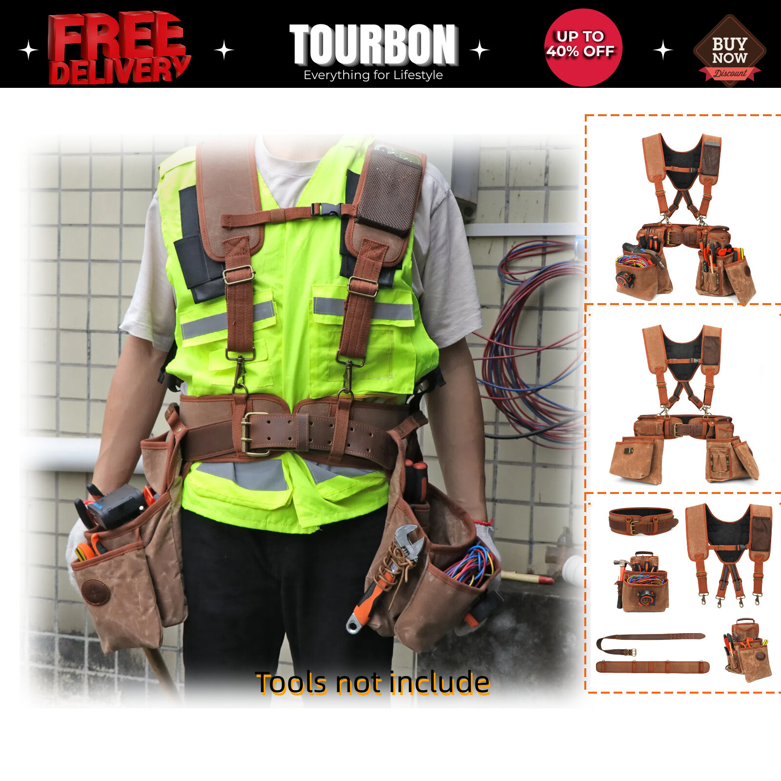 TOURBON Electrician/Carpenter’s Tool Construction Bag Suspender Rig Belt Bag L