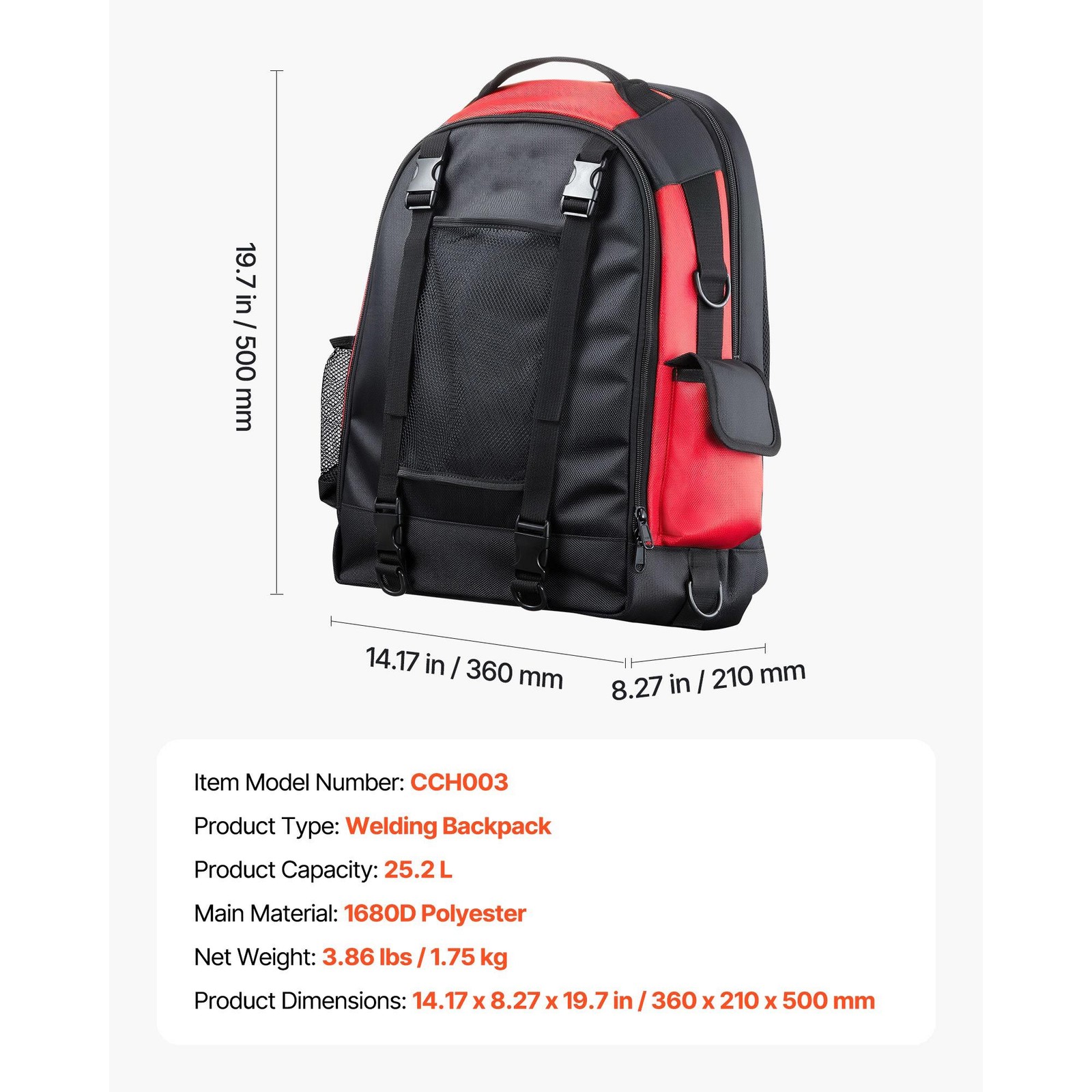 25.2L Welder Backpack, 1680D Polyester, 50lb Load, Helmet & Tool Storage