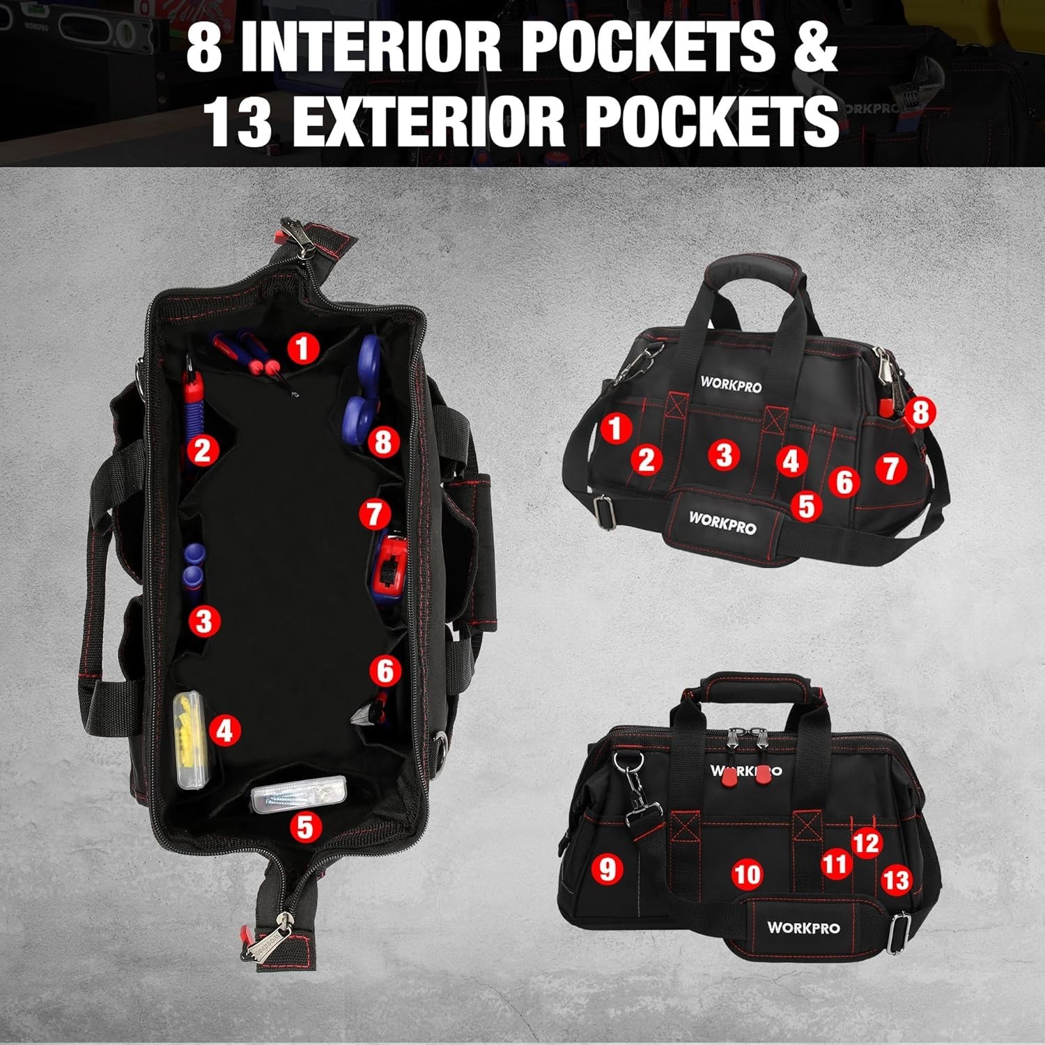 16-inch Waterproof Tool Storage Bag Wide Mouth Multi-Pocket Organizer