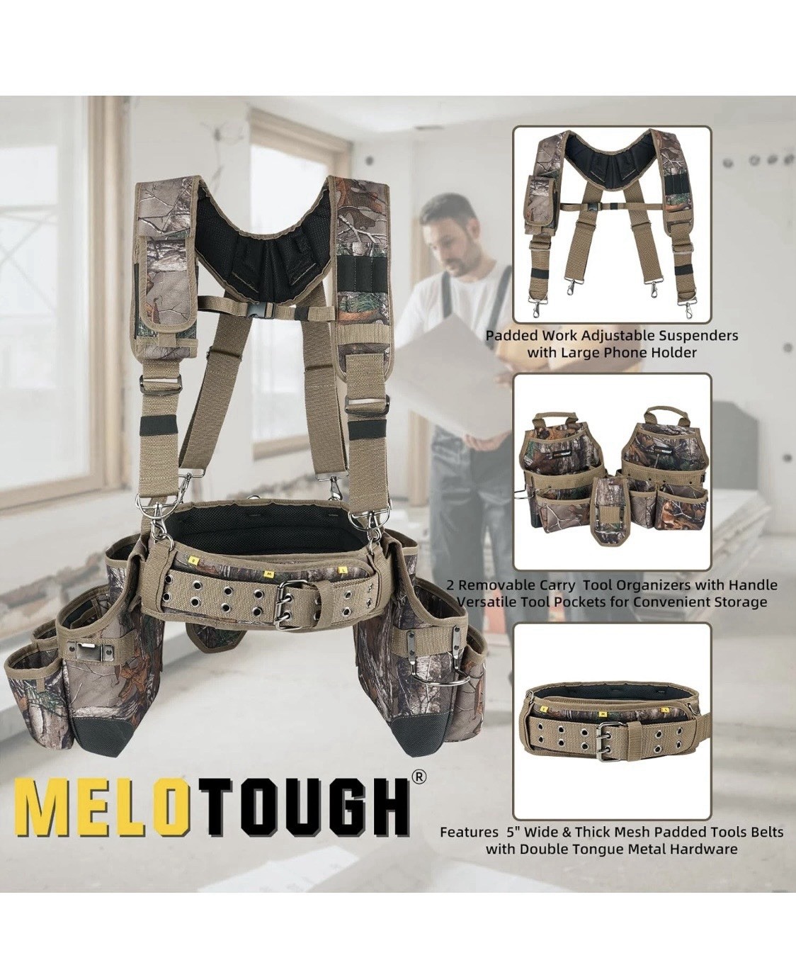 Heavy-Duty Camouflage Tool Belt with Suspenders W/22 Pockets M