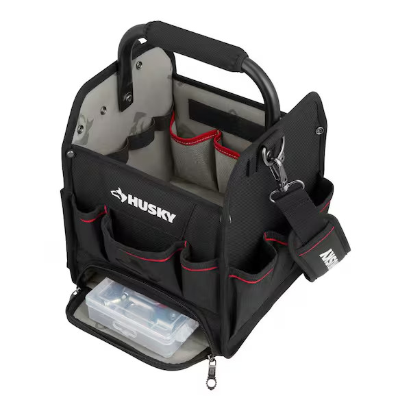 Husky Tool Tote Bag 10in Heavy Duty Tool Organizer Parts Bin Shoulder Strap