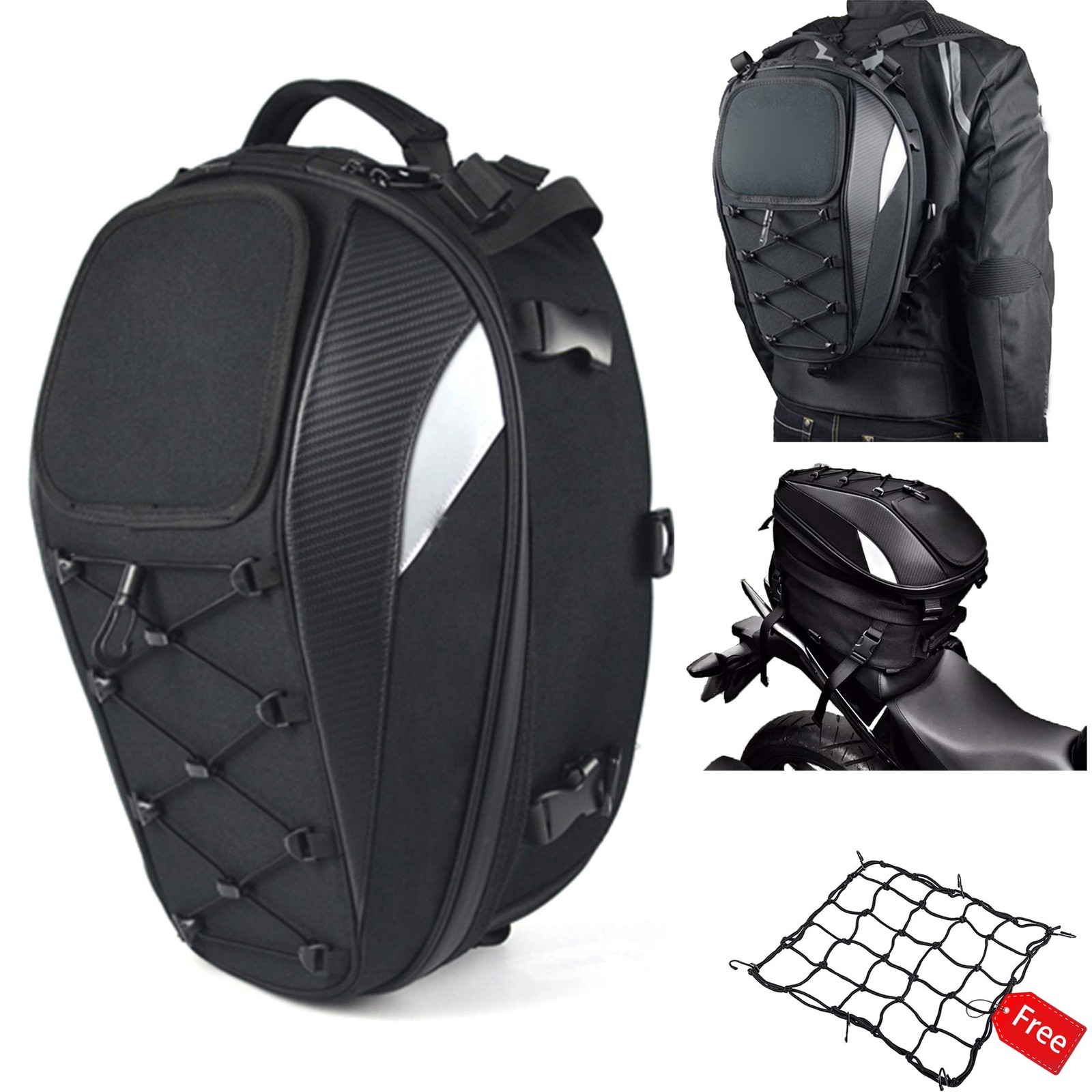 Waterproof Motorcycle Tail Bag & Seat Bag with Cargo Net Dual Use Helmet