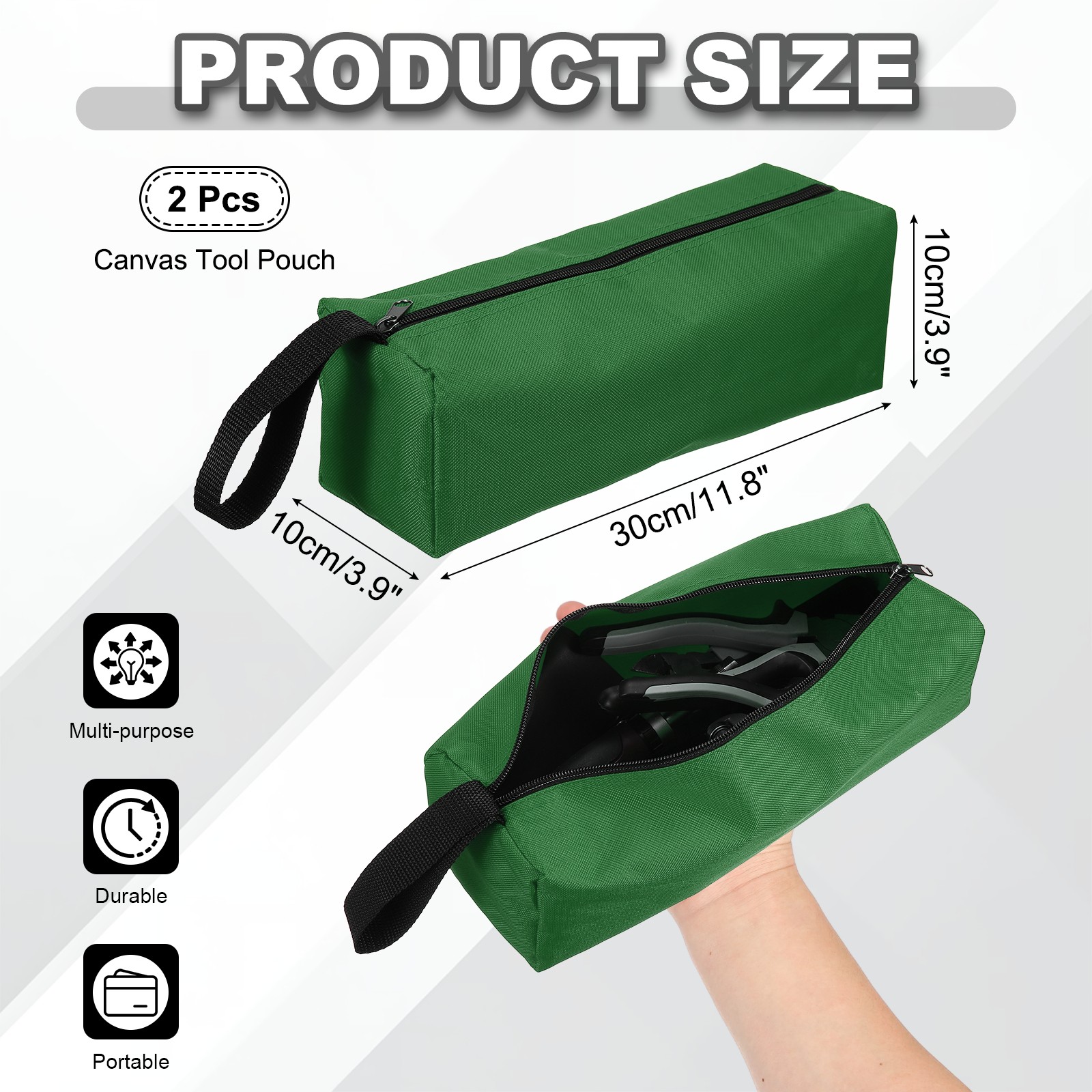 2 Pcs 11.8×3.9×3.9″ Multi Purpose Zipper Canvas Tool Pouch, Army Green
