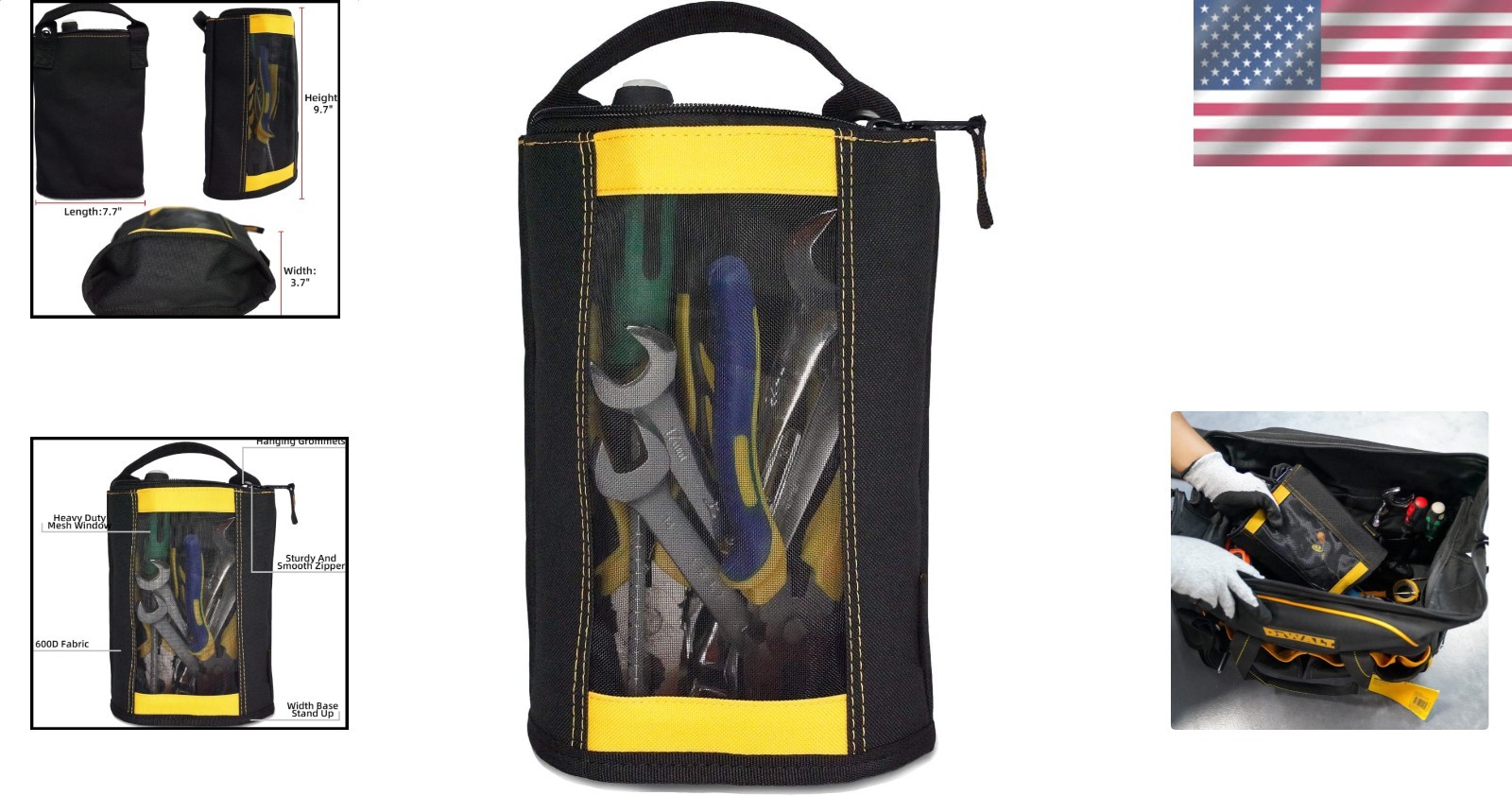 Durable Zipper Tool Pouch Yellow Mesh Pocket Hardware Organizer Stand-Up Design