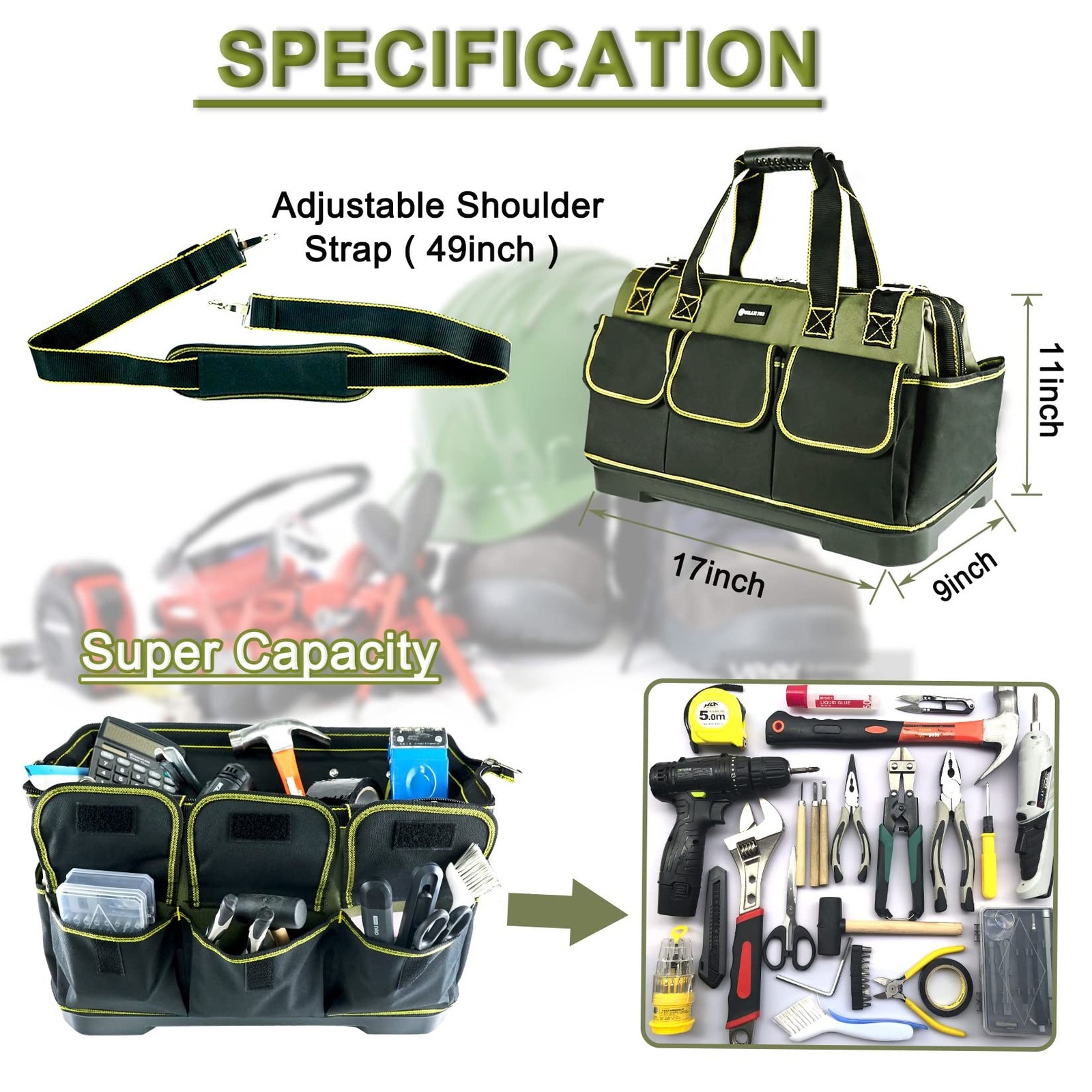 17in Tool Bag For Men Heavy Duty​ with Waterproof Molded Base, High Capaci