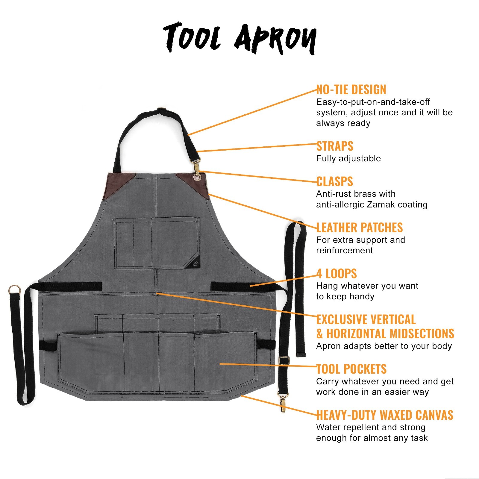 Tool Apron – 12 Pockets, Heavy-Duty Waxed Canvas, Leather Trim, NoTie – Woodwork