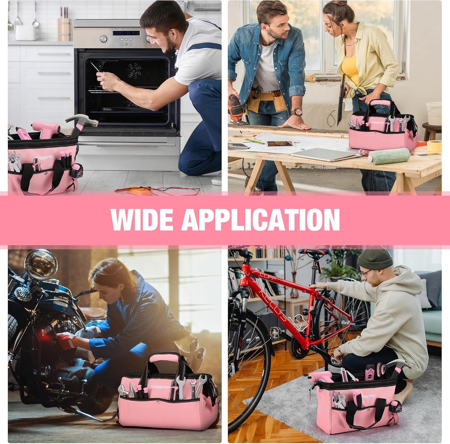 Chic 13-Inch Pink Tool Bag – Wide Mouth Tote with 9 Pockets for Easy Access