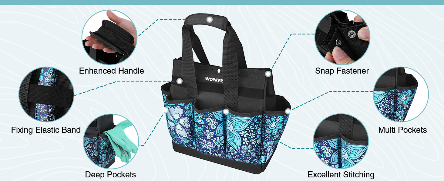 WORKPRO Garden Tool Bag, 9 Pockets Garden Tote Bag 12″ x 12″ x 6″ (Floral Blue)