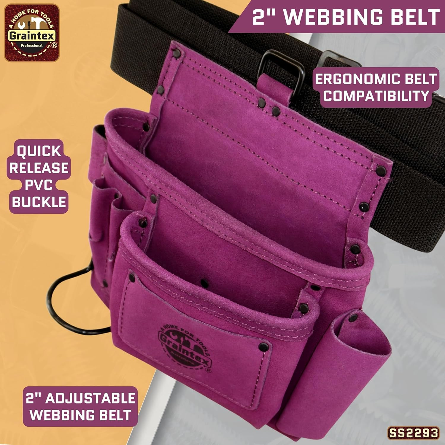 5 Pocket Suede Leather Tool Belt/Bag | Purple | Multipurpose Leather Tool Belt f