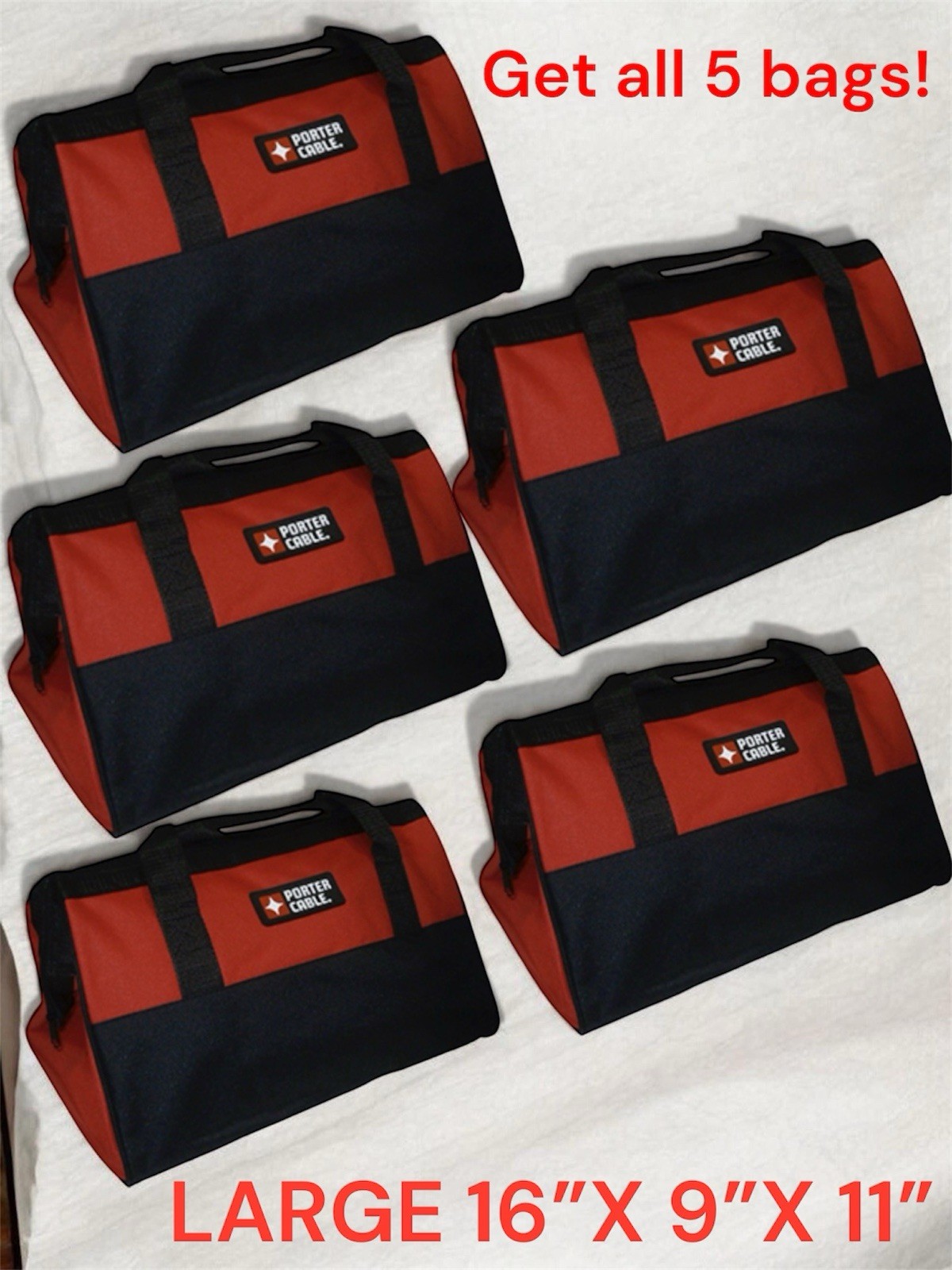 Porter Cable Lightweight Large Contractor Tool Bags 16” x 9” x 11” 5 bag set!