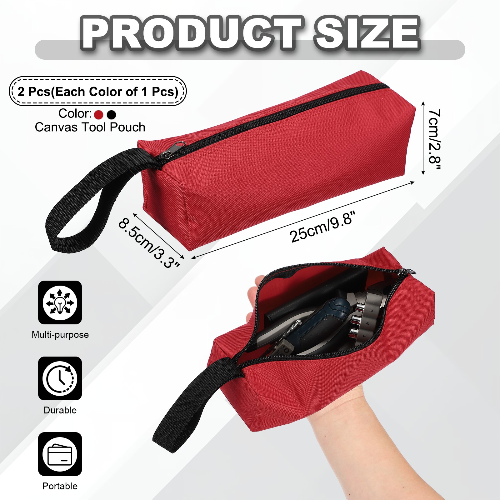 2 Pcs 9.8×3.3×2.8″ Multi Purpose Zipper Canvas Tool Pouch, Black/Red