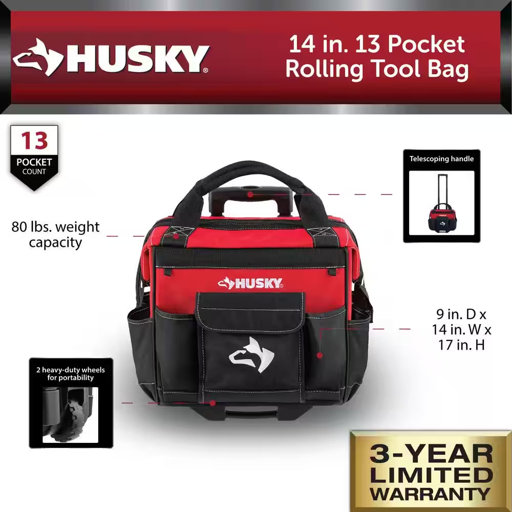 14 in Rolling Tool Tote Bag Heavy Duty Wheels Telescoping Handle Water Resistant