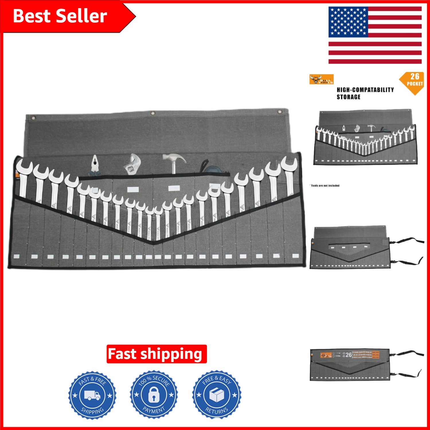 Portable Wrench Roll Tool Bag – 26 Pocket Organizer in Durable Cotton Canvas