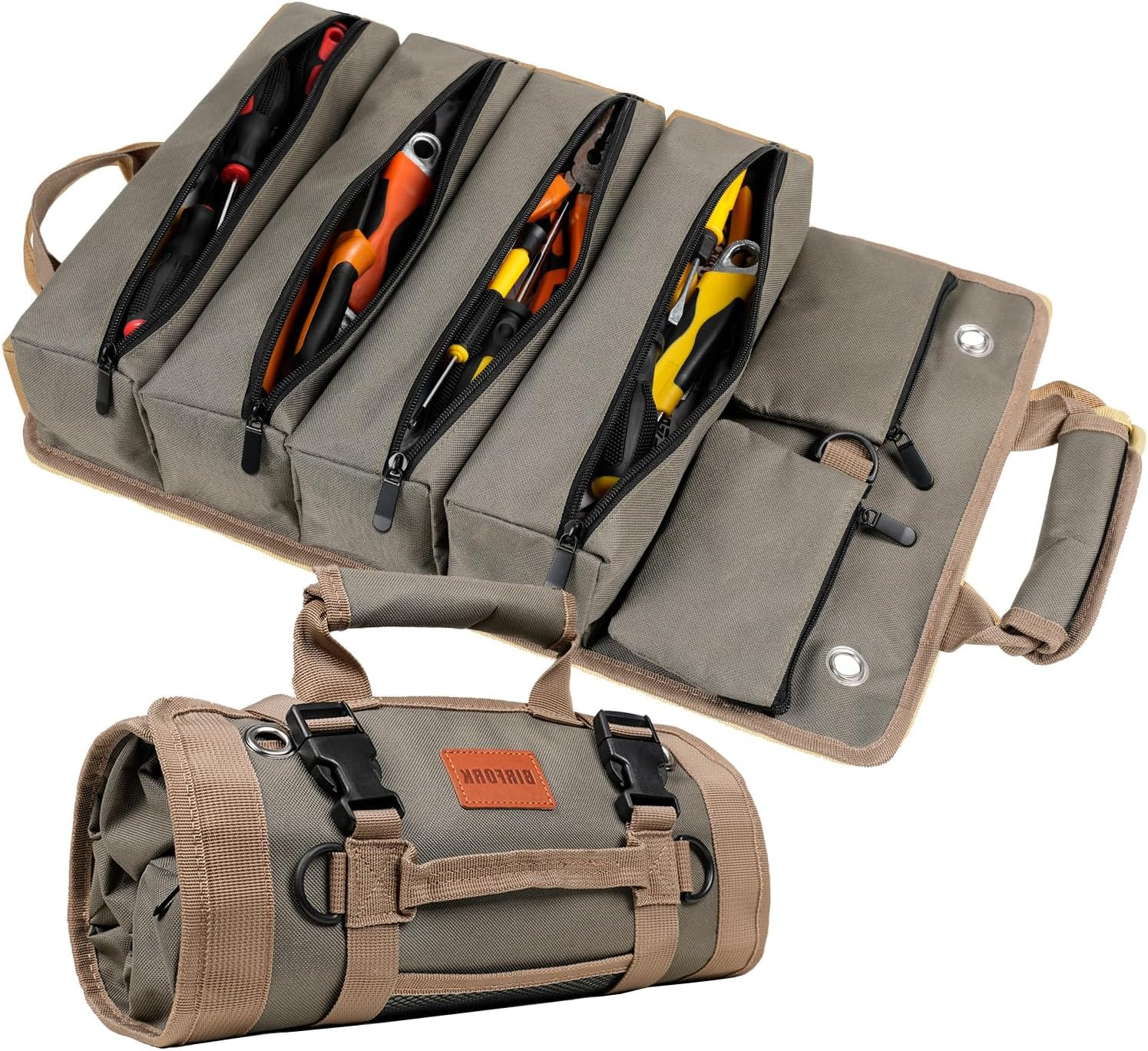 Roll Up Tool Bag Army Green Portable Tool Organizer with Detachable Pouches