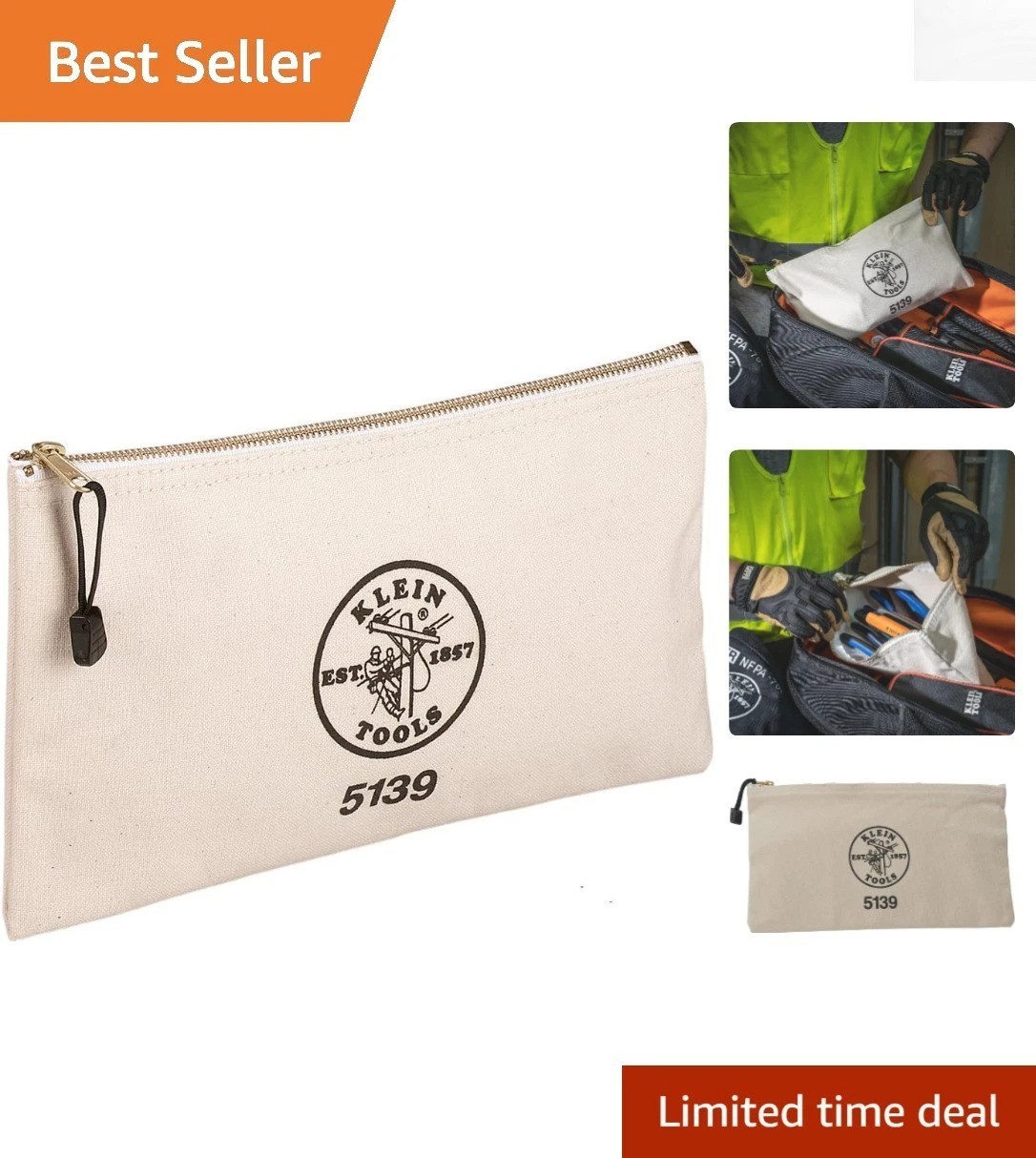 Klein Tools 12.5-Inch Zipper Bag – Strong Canvas Tool Pouch with Shoulder Strap