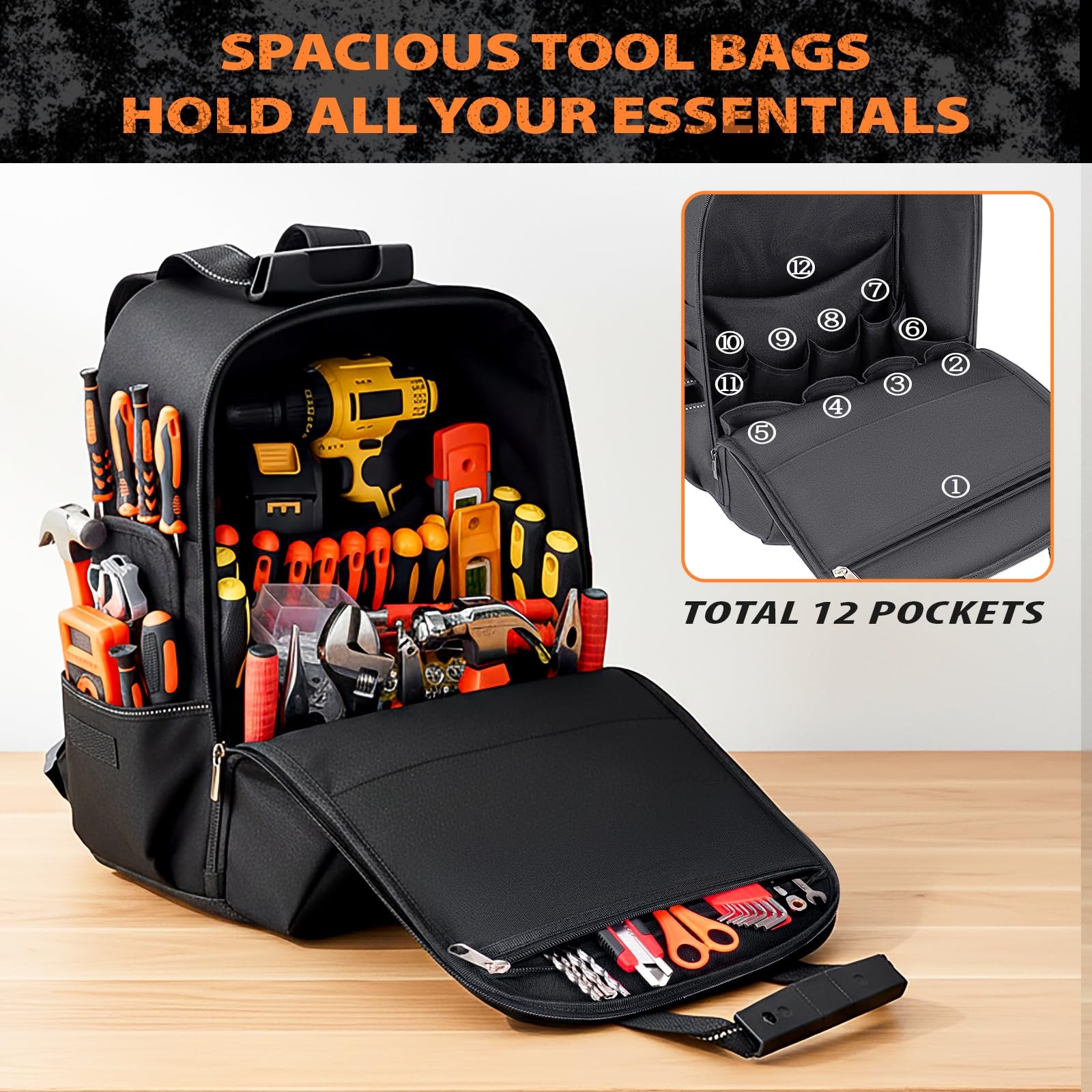 Tool Bag Backpack 18 Pockets Heavy Duty Storage Organizer Black Padded HVAC