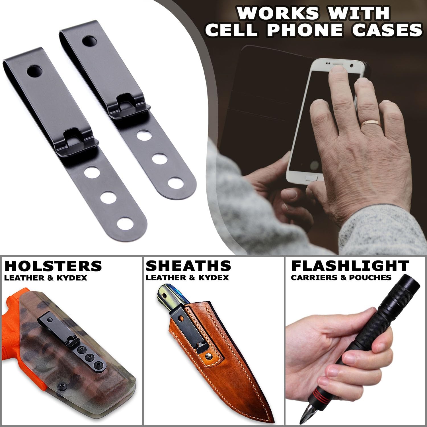 [2 Pack] Universal Metal Belt Clip for Holster Making, Knife Sheaths, Cell Ph.