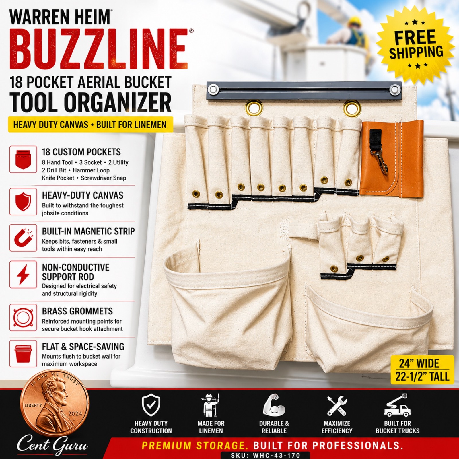 Warren Heim Buzzline Aerial Bucket Tool Organizer Canvas 18-Pocket Tool Holder