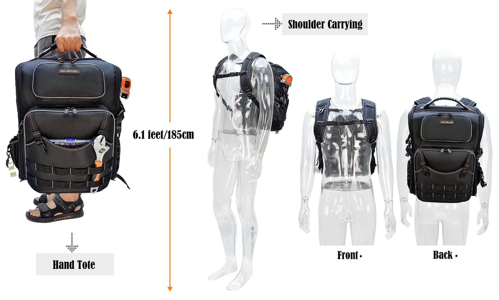 WELKINLAND Full-Open Tool backpack, backpack 20-Inch, Black w/ Orange