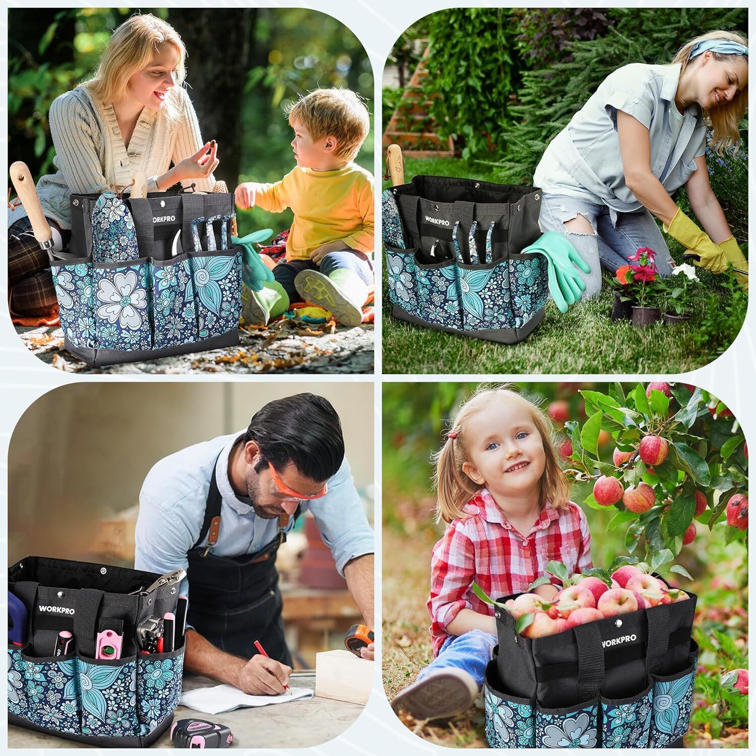 WORKPRO Garden Tool Bag, 9 Pockets Garden Tote Bag 12″ x 12″ x 6″ (Floral Blue)