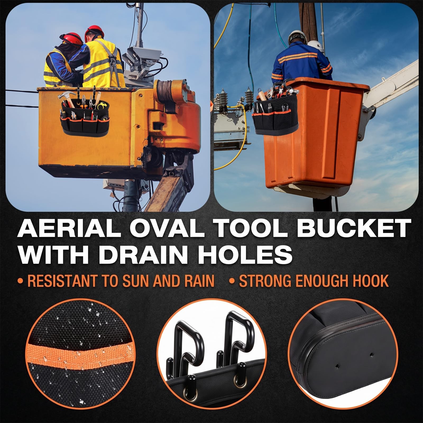 Hard Tool Bucket with 2 Hooks, Drain holes, 10 Pockets(1 Pcs)