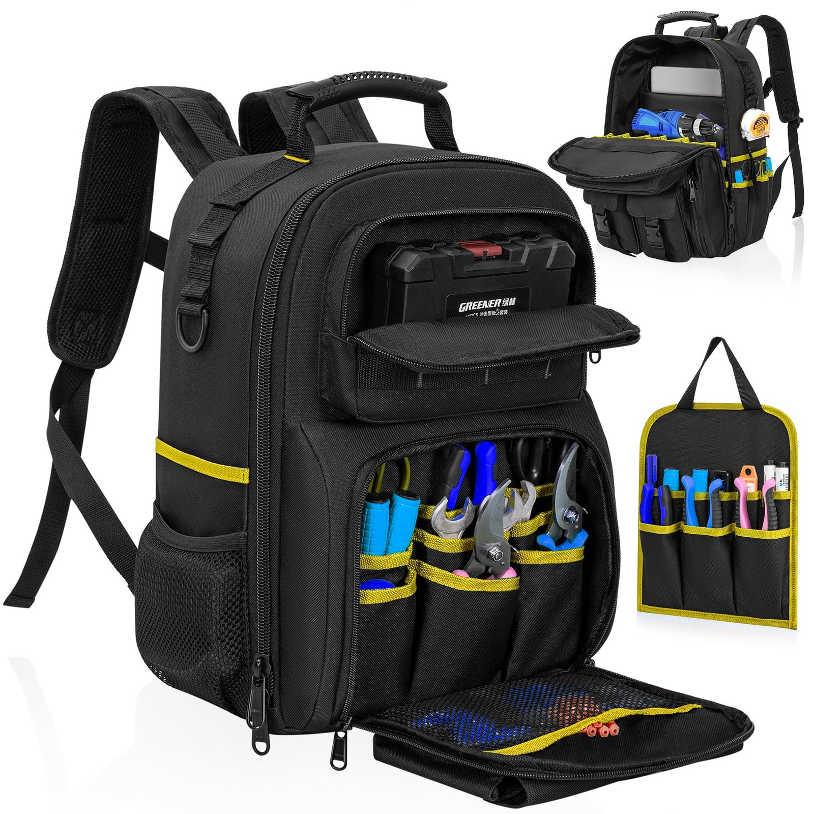 Tool Backpack Heavy Duty Bag Padded Shoulder WaterResistant Black Yellow