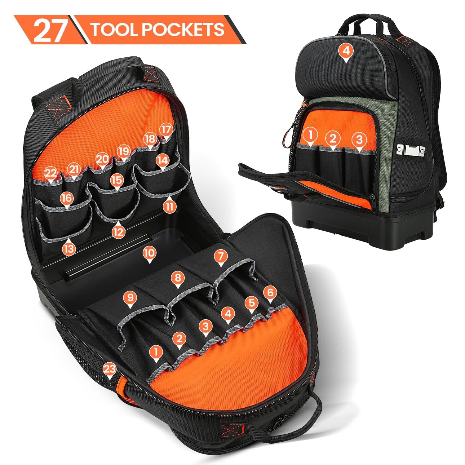 Tool bag Heavy Duty Storage Bag, Multiple Compartments, Black and Orange