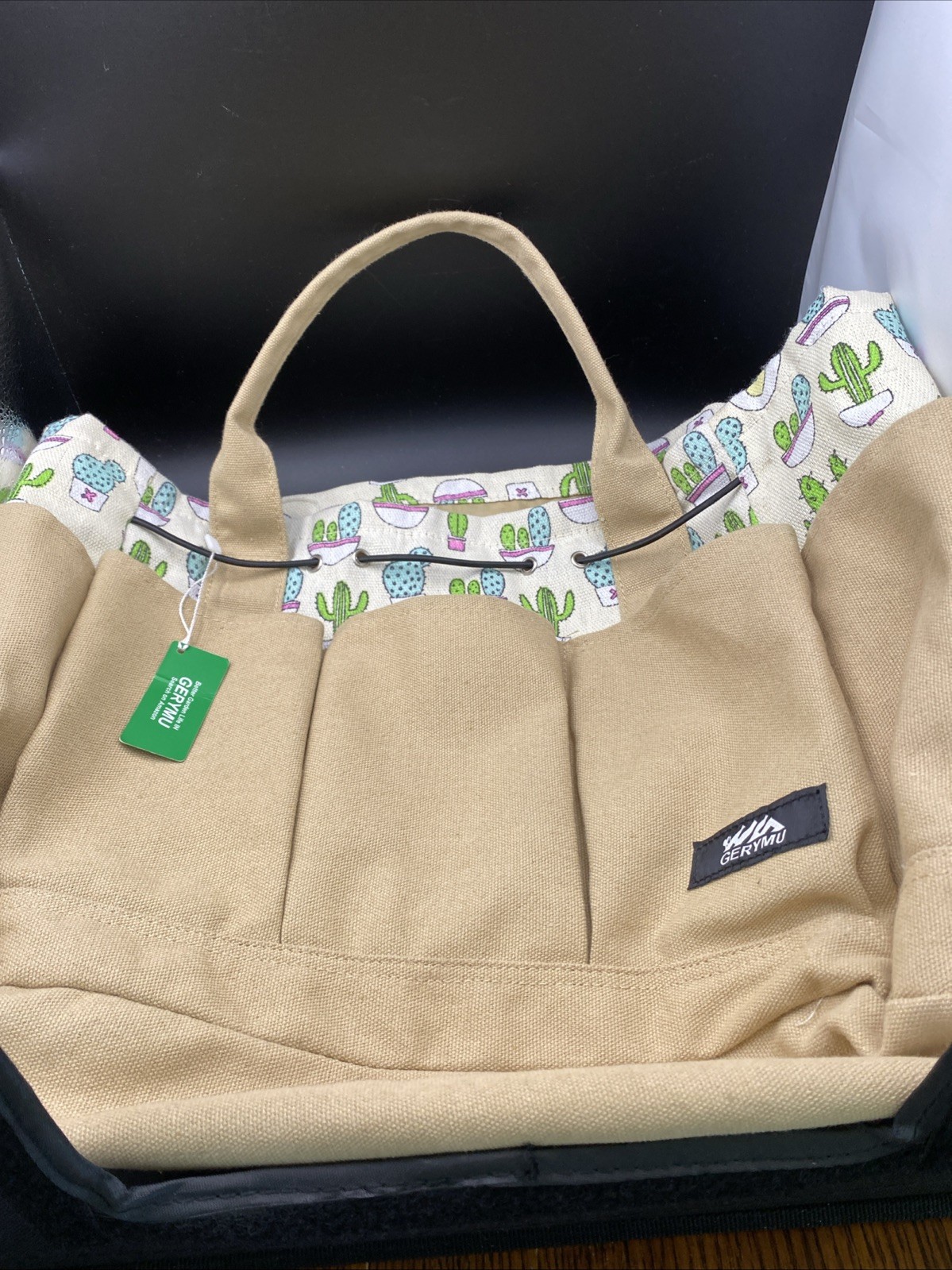 GERYMU Canvas Garden Tool Bag Organizer Tote 6 Pocket Cactus Print NWT