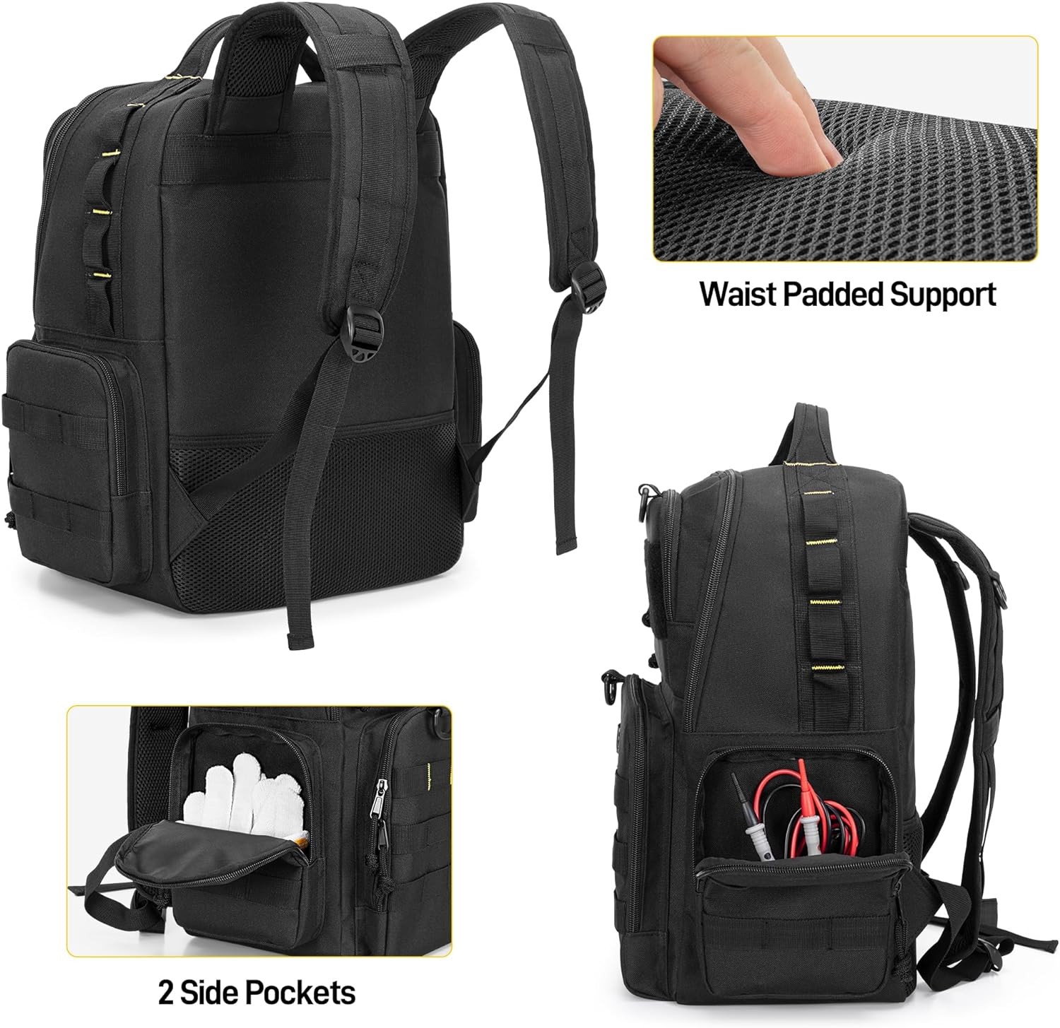 Tool Bag Backpack for Men with 3 Pouches, Heavy-Duty Storage Black