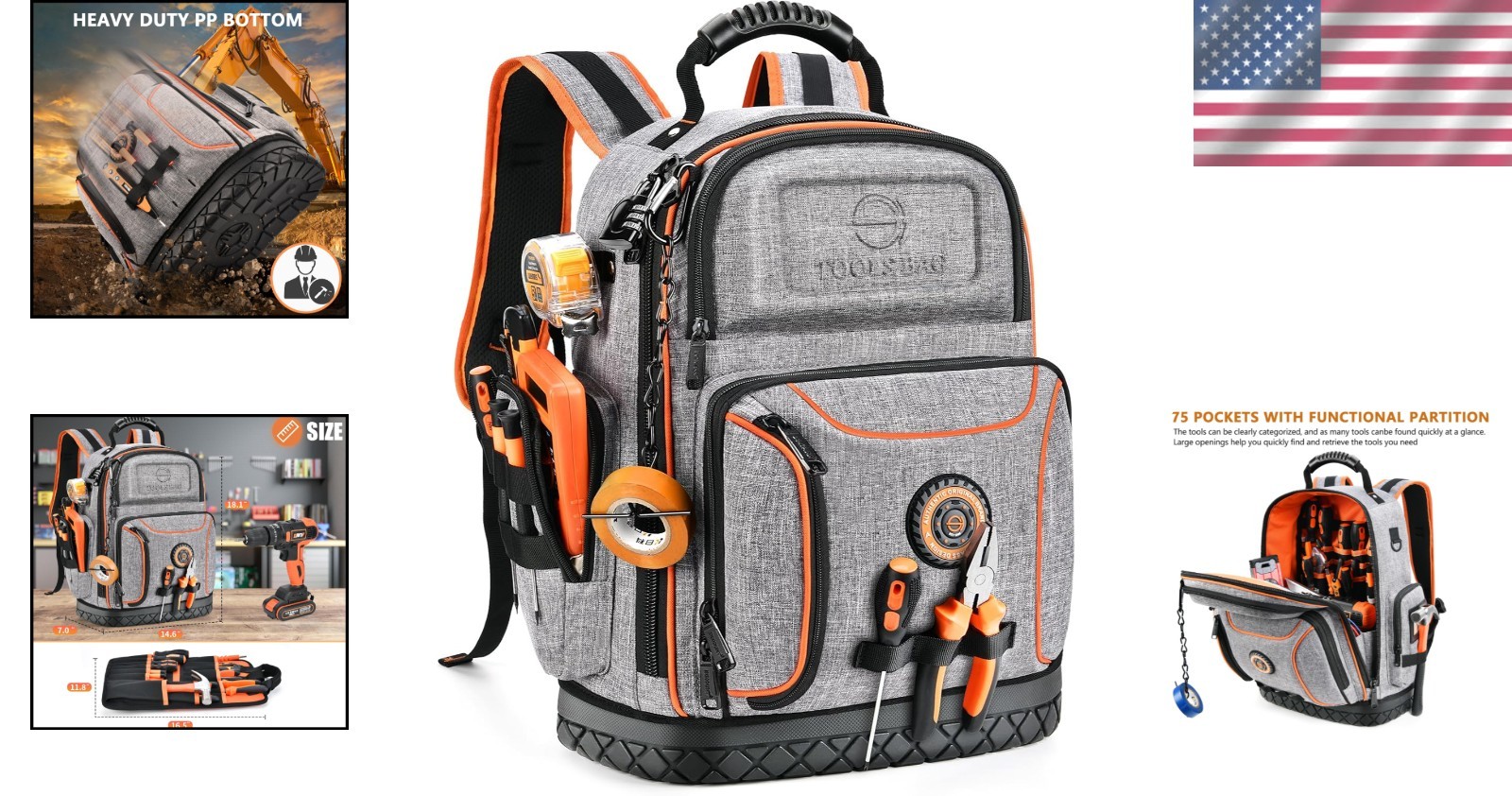 Comfortable Construction Tool Bag, Adjustable Straps