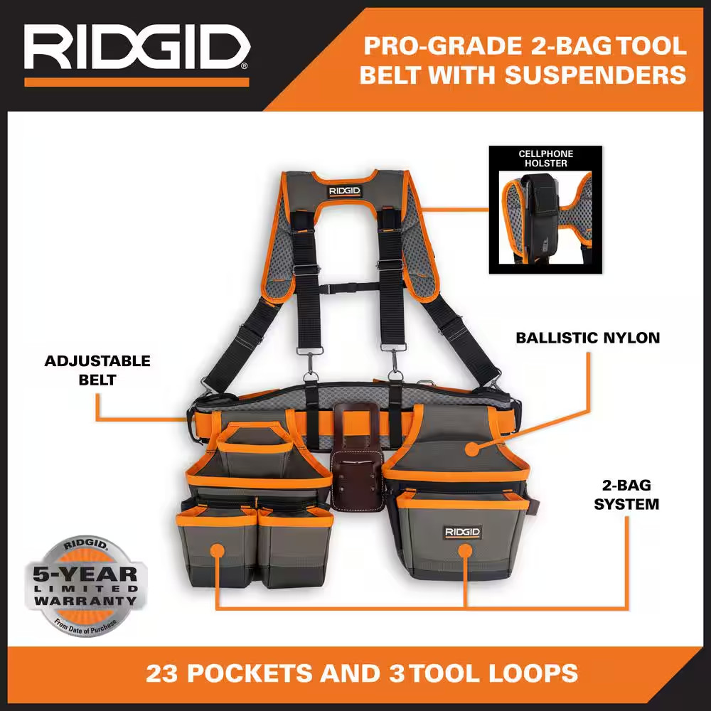 RIDGID 29 In. 23 Pocket Professional Grade 2-Bag Suspension Rig Work Tool Belt w