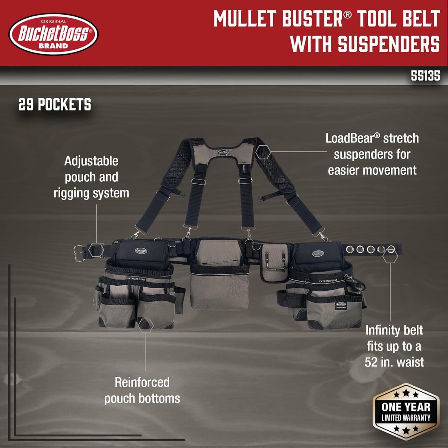 Mullet Buster 3 Bag Tool Belt with Suspenders in Grey, 55135, Black, Full Size