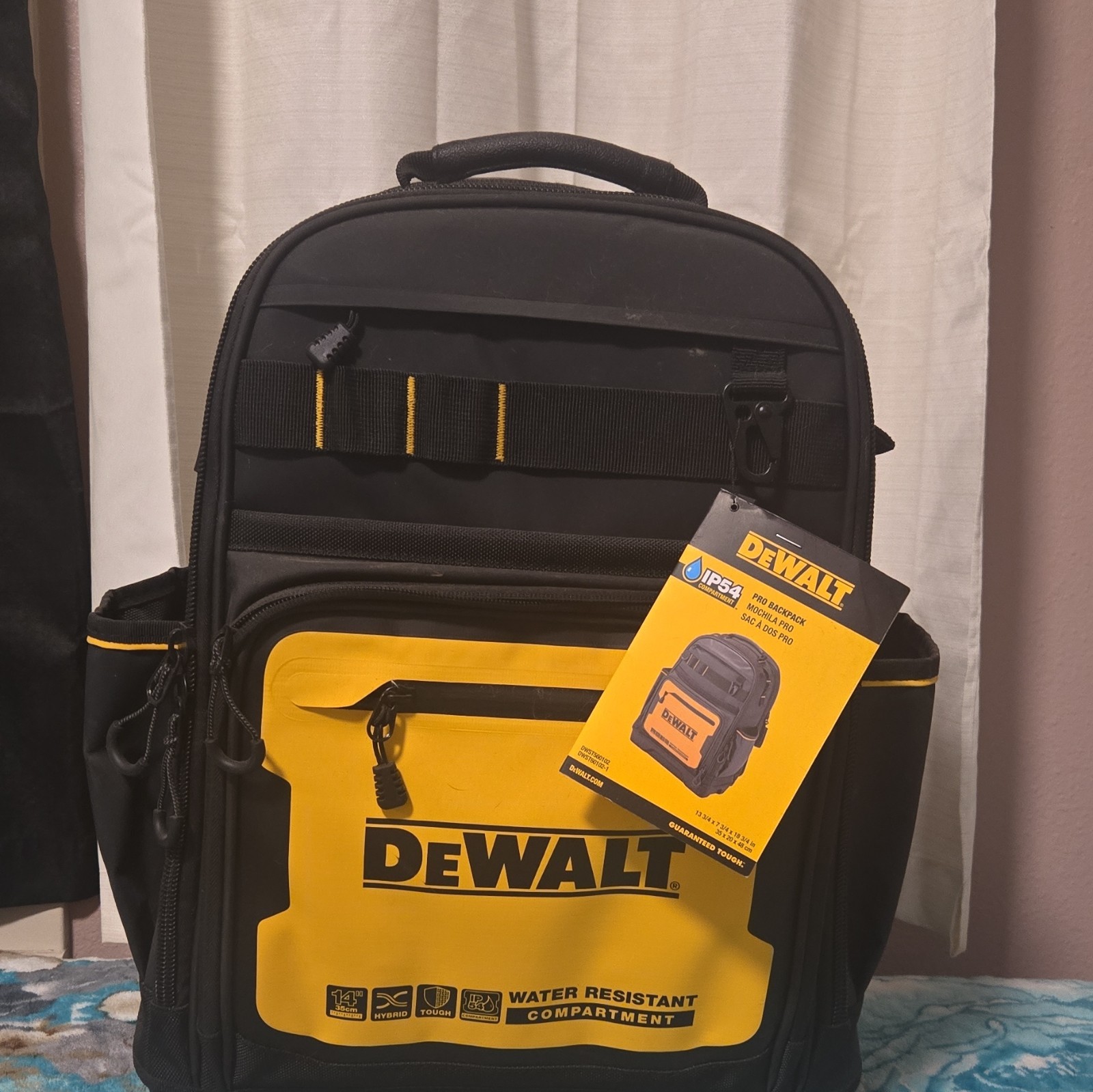 DEWALT PRO Backpack Tool Bag 14in Water Resistant Hybrid Tough Black/Yellow