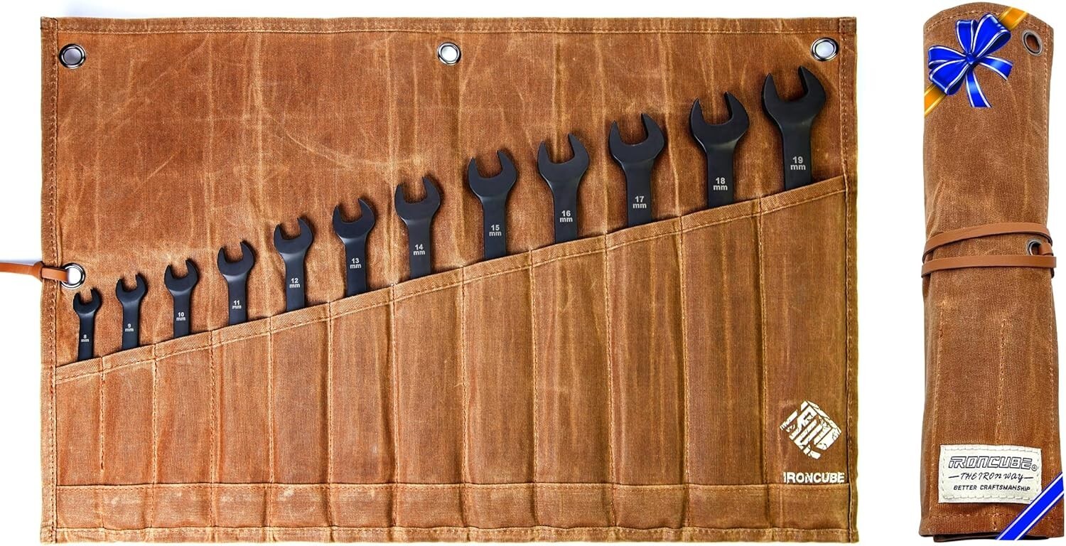 Tool Pouch, Roll-Up Storage Bag for Hand Tools & Wrenches 12 Pockets Wax Canvas