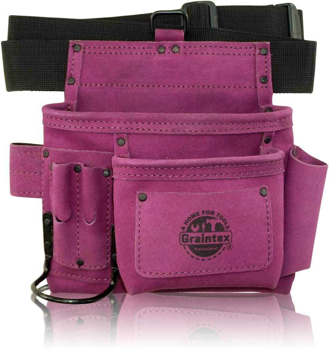 SS2293 5 Pocket Nail & Tool Pouch Purple Color Suede Leather with 2” Webbing Bel