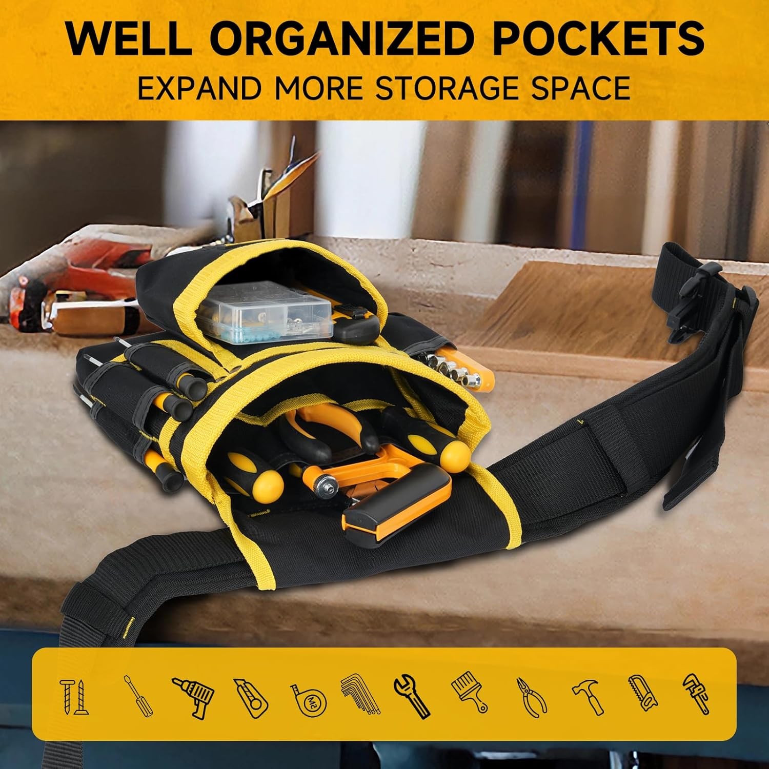 27-Pocket Magnetic Tool Belt Heavy Duty Adjustable Tool Pouch Bag Black/Yellow
